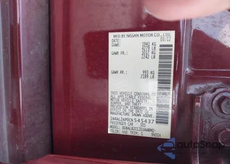 2012 Nissan Altima 2.5 S z USA, uszkodzony, nr VIN 1N4AL2AP0CN545437